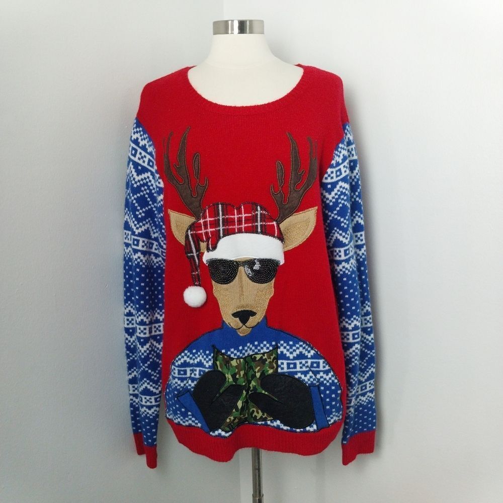 Reindeer Ugly Christmas Sweater With Camouflage Drink Pouch Holder Size XL